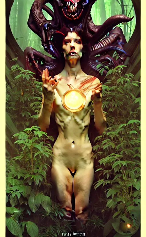 Image similar to alien magic creature poster art, humanoid, lush fantasy forest, movie art, by lucusfilm, weta studio, tom bagshaw, james jean, frank frazetta alphonso mucha, norman rockwell, 8 k, denoised