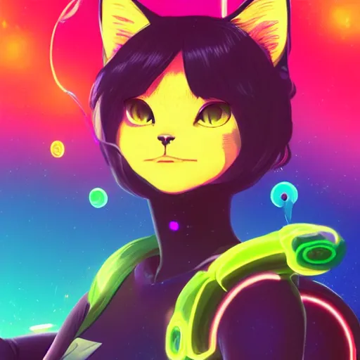 Image similar to cat with a neon balloon in space | hyperrealistic digital painting by makoto shinkai, ilya kuvshinov, lois van baarle, rossdraws | afrofuturism in the style of hearthstone and overwatch, trending on artstation