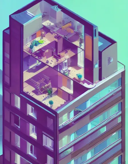 Prompt: Beautiful illustration of an isometric cross-section infographic of an apartment building by Adolfo Arranz and Rafal Oblinski, trending on Artstation. Families on balconies, relaxing. f/11. By Beeple. Colorful, vivid, rendered in Unreal Engine