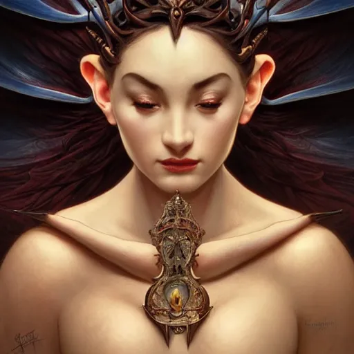 Image similar to perfectly - centered - portrait - photograph of an evil sinister goddess, the perfect human female specimen, intricate, elegant, super highly detailed, professional digital painting, artstation, concept art, smooth, sharp focus, no blur, no dof, extreme illustration, unreal engine 5, 8 k, art by artgerm and greg rutkowski and alphonse mucha loish and wlop