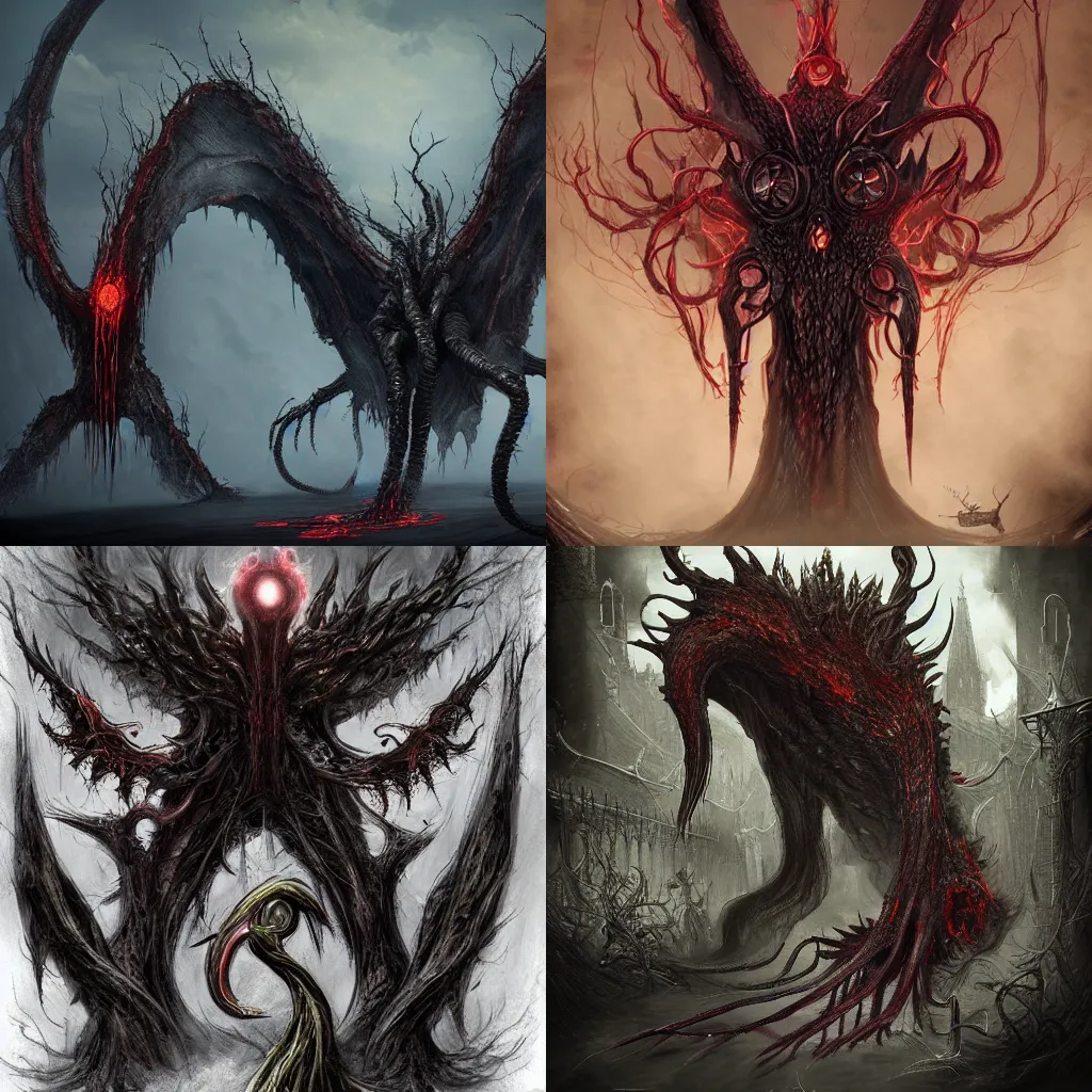 Prompt: eldritch abomination consisting on different firebirds intertwined, bloodborne, digital art, dark fantasy, concept art