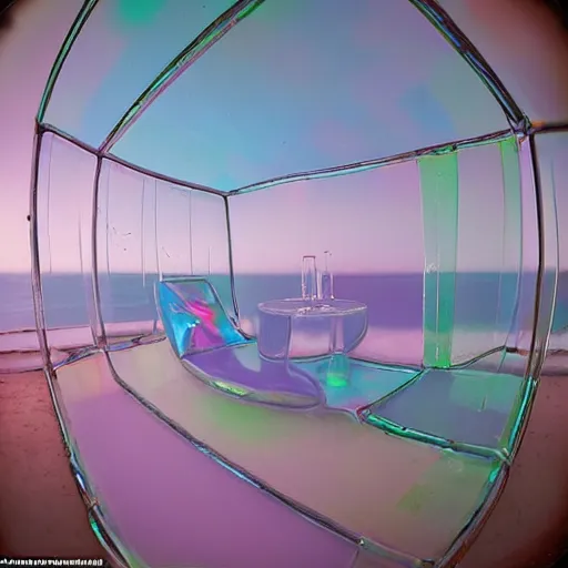 Image similar to a pastel colour high fidelity wide angle Polaroid art photo from a holiday album at a seaside with abstract inflatable parachute furniture, spheres and a DJ booth, all objects made of transparent iridescent Perspex and metallic silver, a grid of sun beds iridescence, nostalgic