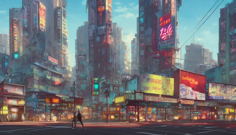 Image similar to A highly detailed matte painting of Buildings with Billboards and neonsigns by Studio Ghibli, Makoto Shinkai, by Artgerm, by WLOP, by Greg Rutkowski, volumetric lighting, octane render, 4K resolution, trending on artstation, masterpiece