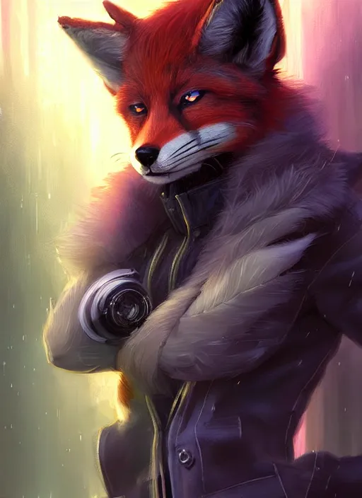 Image similar to award winning beautiful portrait commission of a male furry anthro melanated fox fursona with a tail and a cute beautiful attractive detailed furry face wearing stylish cyberpunk clothes in a cyberpunk city at night while it rains. Character design by charlie bowater, ross tran, artgerm, and makoto shinkai, detailed, inked, western comic book art