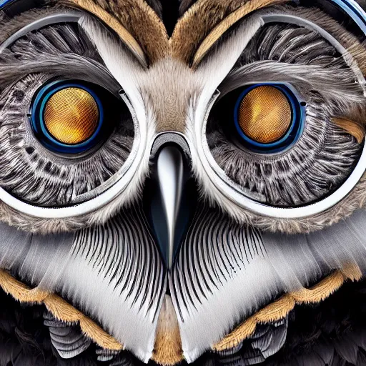 Image similar to detailed portrait of a mechanic owl, watch on his head, feathers from mechanical watch parts, in half a turn, hyper detailed, stylistic, symmetrical, 3 d render, 8 k, octane render