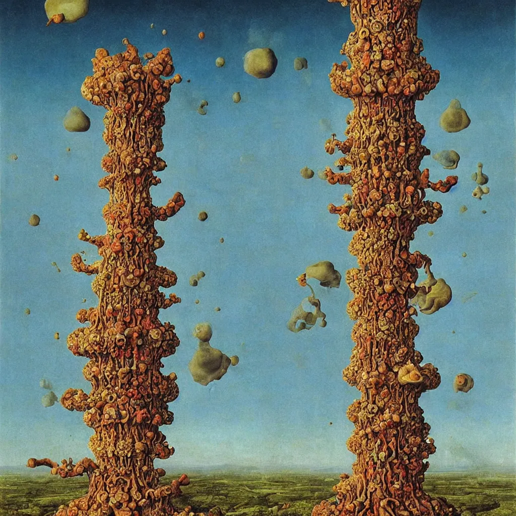 Image similar to a single colorful! ( lovecraftian ) fungus tower white! clear empty sky, a high contrast!! ultradetailed photorealistic painting by jan van eyck, audubon, rene magritte, agnes pelton, max ernst, walton ford, andreas achenbach, ernst haeckel, hard lighting, masterpiece