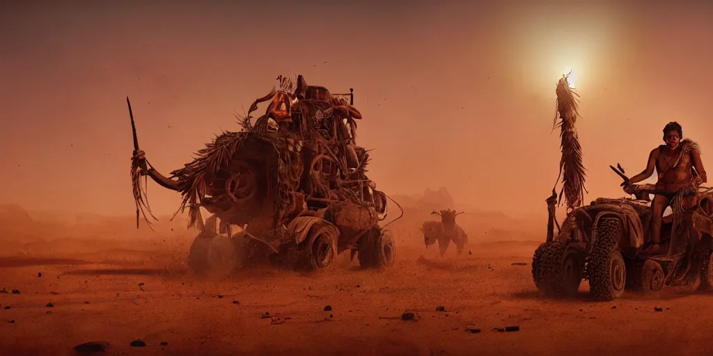 Image similar to solo ancient indian tribesman hunting on atv, chase ,attacking, action scene, an epic fantasy, dramatic lighting, cinematic, establishing shot, extremely high detail, photorealistic, cinematic lighting, artstation, octane render, by simon stalenhag, horizon forbidden west,old photo, high speed photography, vintage, mad max