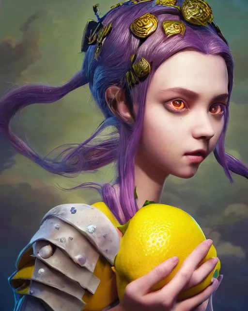 Prompt: An epic fantasy comic book style portrait painting of a very beautiful lemon girl, character design by Mark Ryden and Pixar and Hayao Miyazaki, unreal 5, DAZ, hyperrealistic, octane render, cosplay, RPG portrait, dynamic lighting, intricate detail, summer vibrancy, cinematic