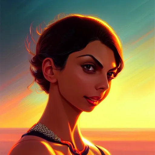 Image similar to Morena Baccarin, sunset background, intricate, highly detailed, digital painting, artstation, official media, anime key visual, concept art, rich vivid colors, ambient lighting, sharp focus, illustration, art by Artgerm, Makoto Shinkai, Ilya Kuvshinov, Lois Van Baarle, and Rossdraws