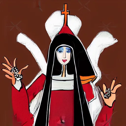 Image similar to female character design inspired by venice carnival and nun outfit | | art by greg rutswork and lois van barlee