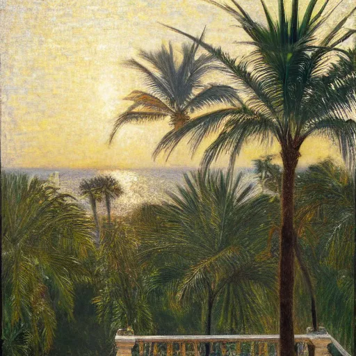 Image similar to a ultradetailed beautiful painting of the amazonas palace balustrade designed by jules bastien - lepage, hans belmer, frank weston and gustave baumann, beach, trending on artstation, mediterranean, palm trees, refracted color sparkles, sharp focus, soft light, 8 k 4 k