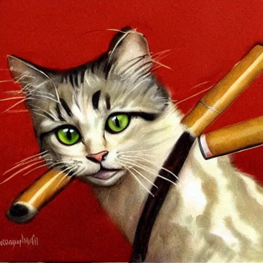 Image similar to a cute portrait of a flamboyant cat with a cigar in its mouth
