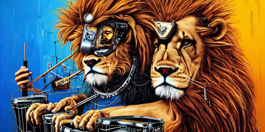 Image similar to a portrait of an anthropomorphic cyberpunk lion playing the drums by sandra chevrier, by jon foster, detailed render, tape deck, epic composition, cybernetics, 4 k realistic, cryengine, realistic shaded lighting, sharp focus, masterpiece, by enki bilal