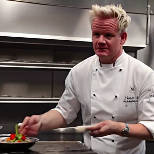 Image similar to hyper real Gordon Ramsey cooking a unicorn in kitchen 4k