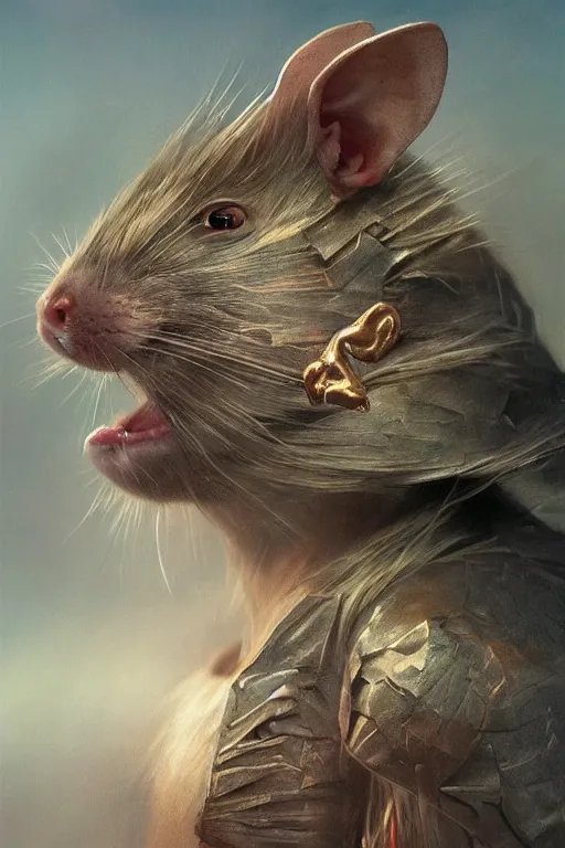 Prompt: photorealistic portrait photograph of a humanoid rat as a glorious regal space king, sleek outfit, upper body, fantasy, handsome, depth of field, soft focus, highly detailed, intricate, realistic, national geographic cover, soft glow, textured, artstation, concept art, sharp focus, illustration, art by artgerm and greg rutkowski and alphonse mucha