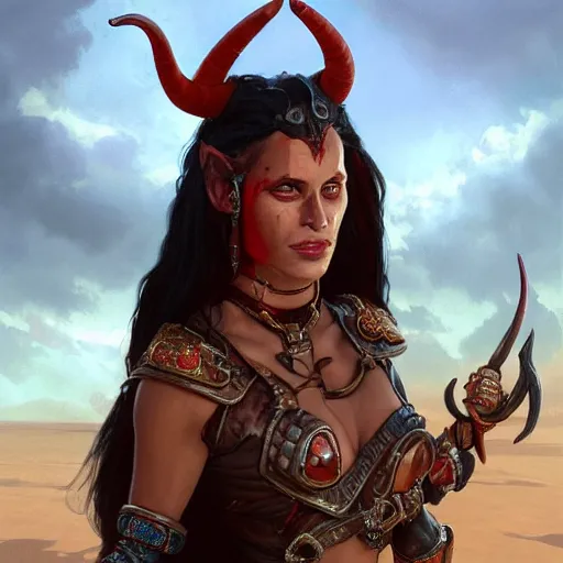 Prompt: portrait of a female berber tiefling with red skin, devil horns and black hair in a ponytail wearing a steel chestplate in a desert, fantasy, highly detailed, digital painting, artstation, concept art, character art, art by greg rutkowski and tyler jacobson and alphonse mucha
