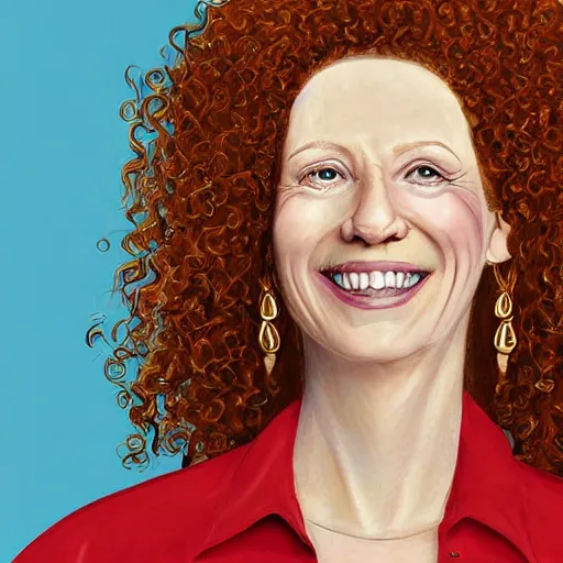 Prompt: the official presidential portrait of ginger head woman, fair skin, smiley, long curly hair, blue blouse, hyper realistic, detailed face