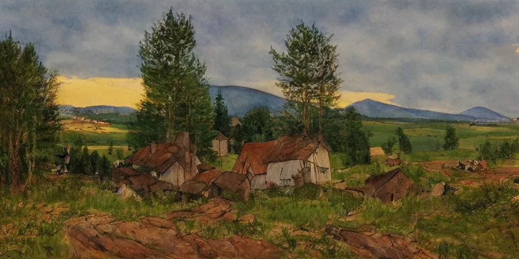 Prompt: dramatic swedish country side, mountains in the background, dramatic lighting, in the style of carl larsson