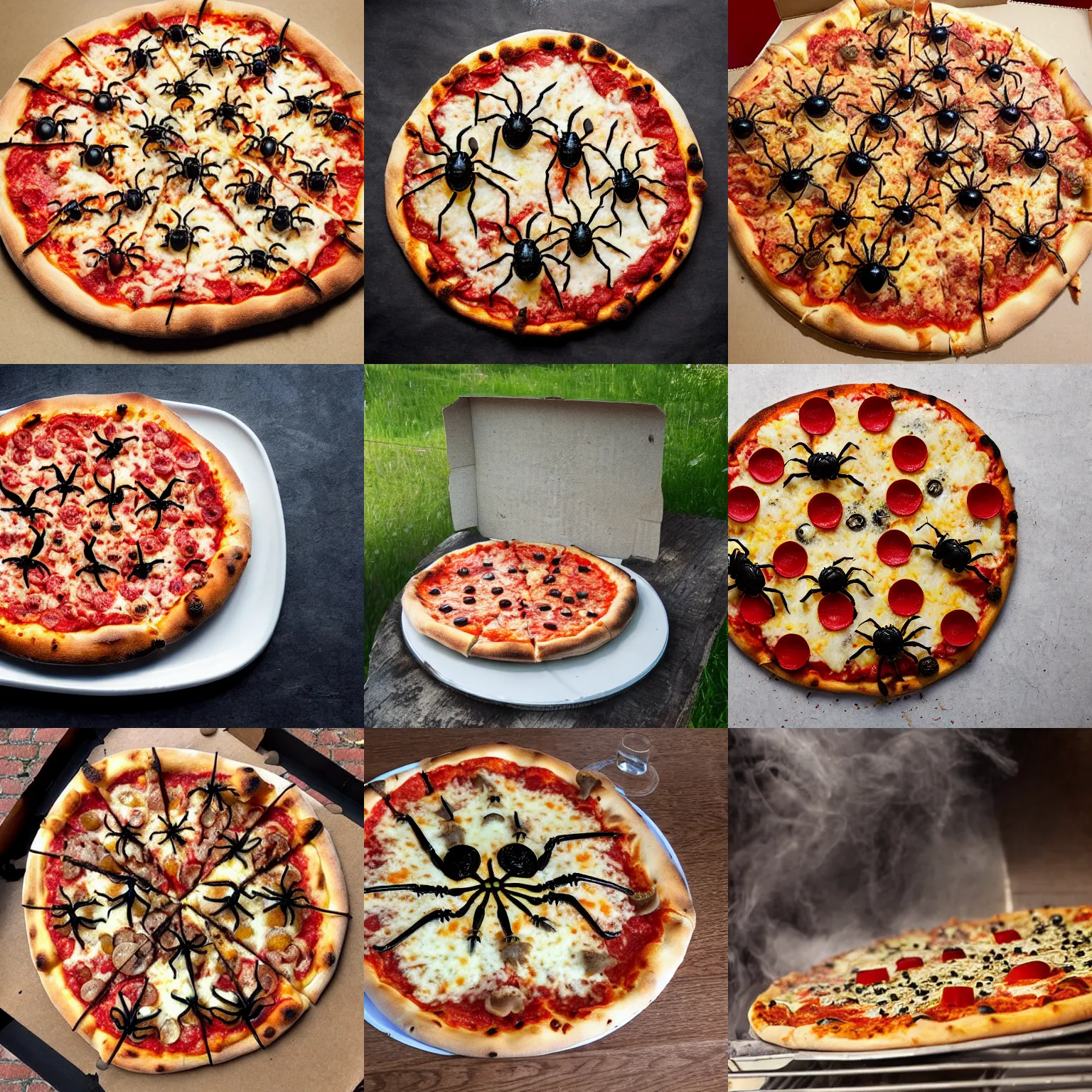 Prompt: a pizza covered in spiders, photo