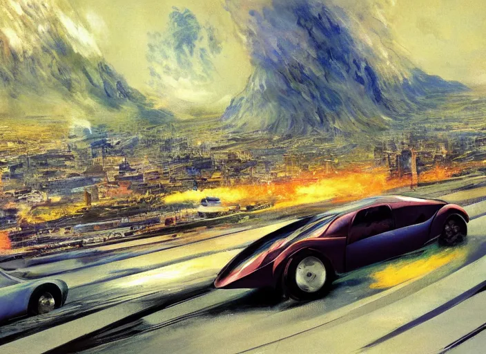 Image similar to illustration of a flying car crossing at full speed between buildings in futuristic santiago de chile with the andes mountain range in the background in a dystopian future by john berkey and monet