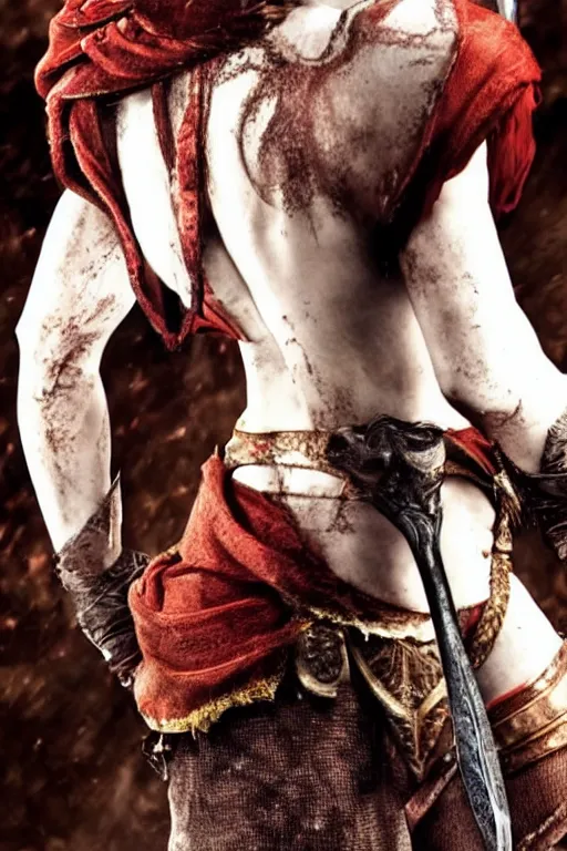 Image similar to Emma Watson as Kratos, brutal, detailed realistic, photorealistic, full body