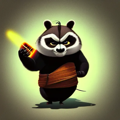 Prompt: “ portrait of a racoon in the style of kung fu panda holding laser gun, with a black background, digital art, award winning, trending on art station, retro style ”