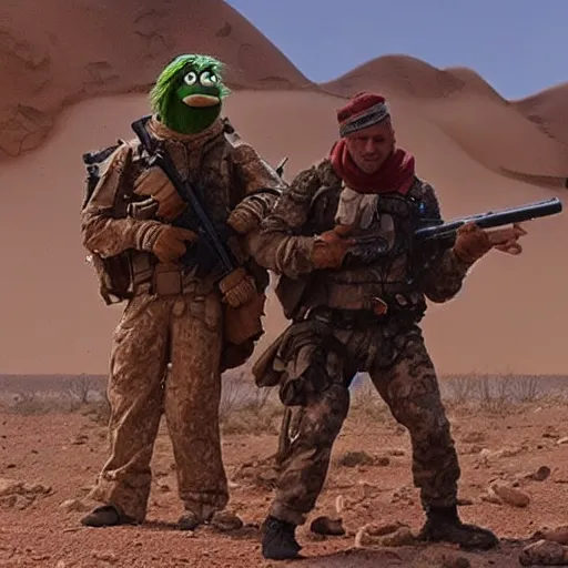 Image similar to special forces muppets fighting in a desert. photograph from action movie.
