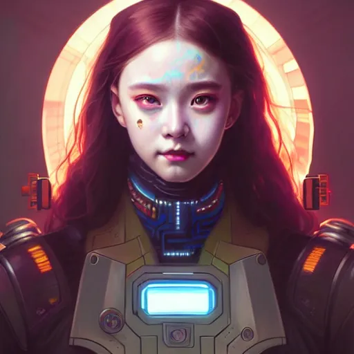 Image similar to portrait painting of cyberpunk chuu loona as a cheerful smiling mercenary, ultra realistic, concept art, intricate details, eerie, highly detailed, photorealistic, octane render, 8 k, unreal engine. art by artgerm and greg rutkowski and magali villeneuve and alphonse mucha