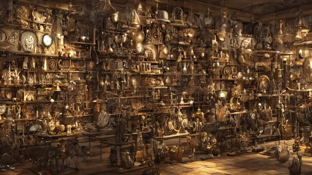 Image similar to A steampunk store, by Danar Worya, ultra detailed displays of weapons and clockwork machinations densely packed on shelves, volumetric lighting, 8k, unreal engine, trending on artstation