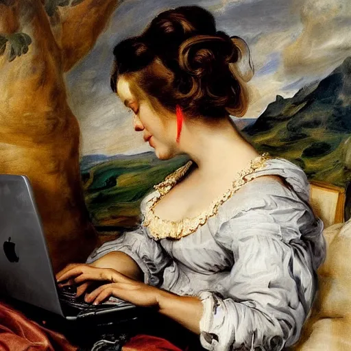 Image similar to heavenly summer sharp land sphere scallop well dressed lady working on her laptop auslese, by peter paul rubens and eugene delacroix and karol bak, hyperrealism, digital illustration, fauvist, looking at her imac laptop