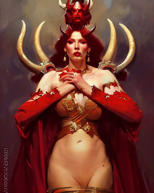 Image similar to painted close - up portrait of an attractive red - skinned intimidating demon queen with ram horns. oil painting, wearing a noblewoman's outfit, fantasy art by greg rutkowski and john singer sargent and gaston bussiere, demon noble character design