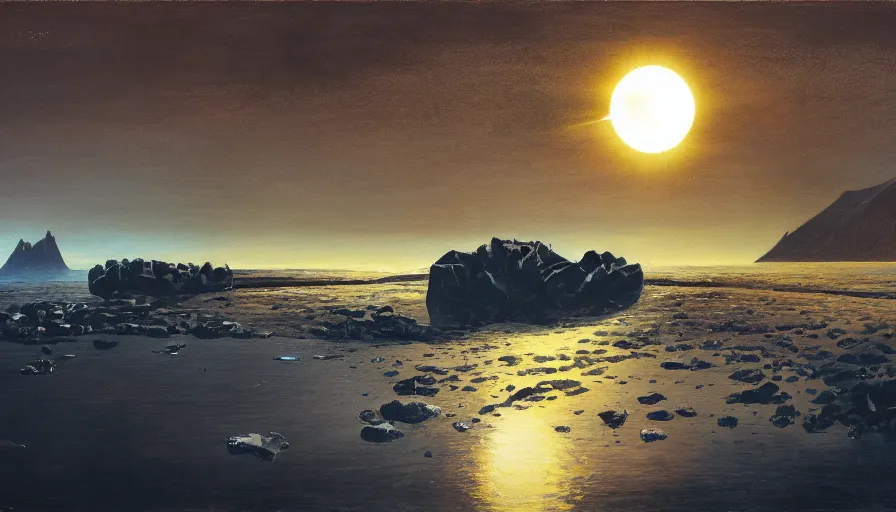 Image similar to solar eclipse in iceland, black sand, water, one tree, syd mead, bright, solarpunk, art station