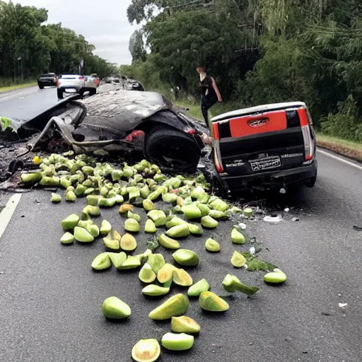 Image similar to photo of an avocado truck accident that overturned and spilled tons of avocados on the road, people walking around and picking up avocados from the road