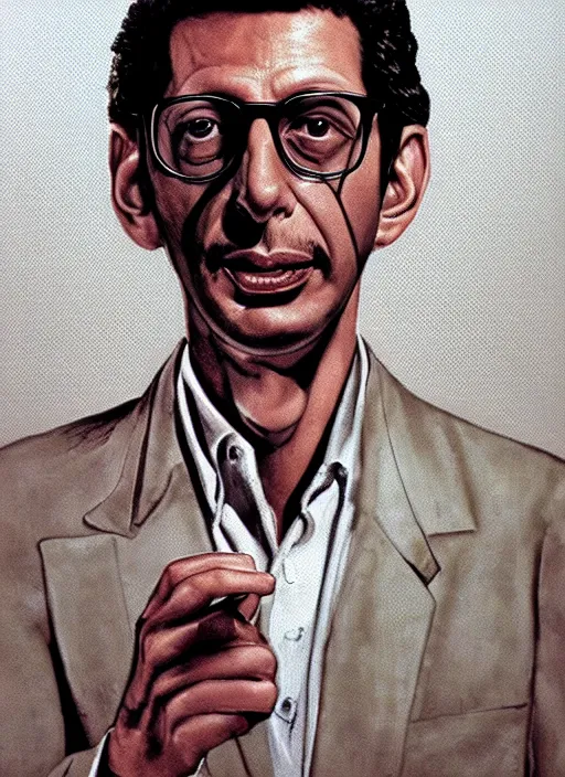 Image similar to portrait of jeff goldblum in the fly ( 1 9 8 6 ), highly detailed, centered, concept art, smooth, sharp focus, illustration, rick griffin, bob fried, victor moscoso, randy tuten, david singer