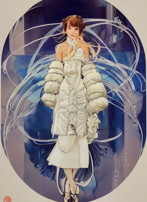 Prompt: a copic maker art nouveau portrait of an anime girl detailed features wearing a puffy futuristic weeding dress designed by balenciaga by john berkey, norman rockwell akihiko yoshida