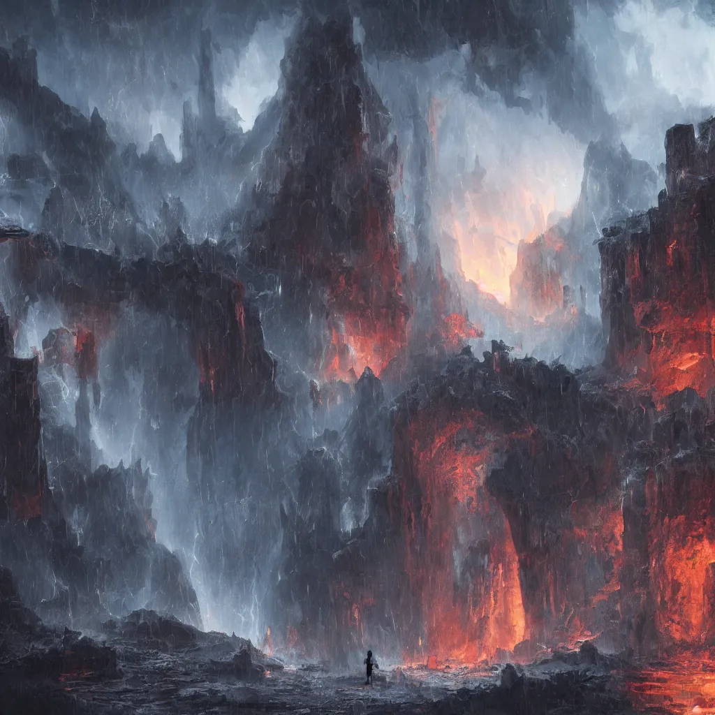 Image similar to a still of a cloaked figure standing in the ruins of crux prime, monastery, there is lightning, blue fiery maelstrom in the distance, it is raining, digital art, artstationhq