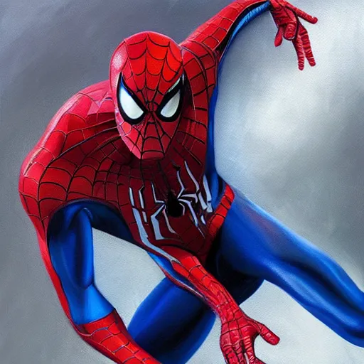 Image similar to photorealistic, hyperdetailed oil painting of a spider - man and iron man hybrid