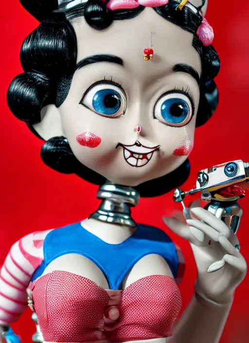 Image similar to closeup of a tin toy betty boop, depth of field, zeiss lens, detailed, symmetrical, centered, fashion photoshoot, by nicoletta ceccoli, mark ryden, lostfish, earl nore, hyung tae, frank frazetta, breathtaking, 8 k resolution, extremely detailed, beautiful, establishing shot, artistic, hyperrealistic, octane render