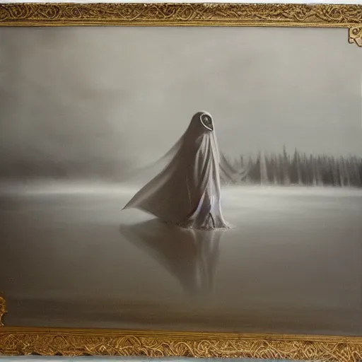 Prompt: ominous bedsheet ghost floating above a frozen lake, oil painting, brush strokes, gloomy foggy atmosphere, symmetrical, full body image, highly ornate intricate details,