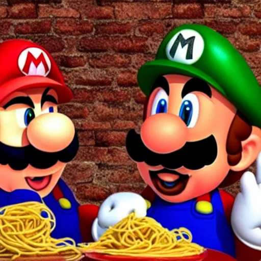 Image similar to photo of mario and luigi eating spaghetti at an italian restaurant