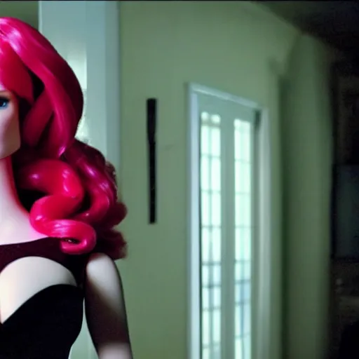 Image similar to amazing beautiful Christina Hendricks barbie doll wearing leather in the living room, film still from the movie directed by Denis Villeneuve , wide lens