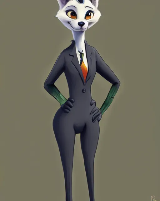 Image similar to full body oil painting of anthromorphic furry female wolf, in style of zootopia, female fursona, furry, furaffinity, 4 k, deviantart, furry art, fursona art, wearing black business suit, wearing black business suit, wolf fursona, female, very expressive detailed feminine face,