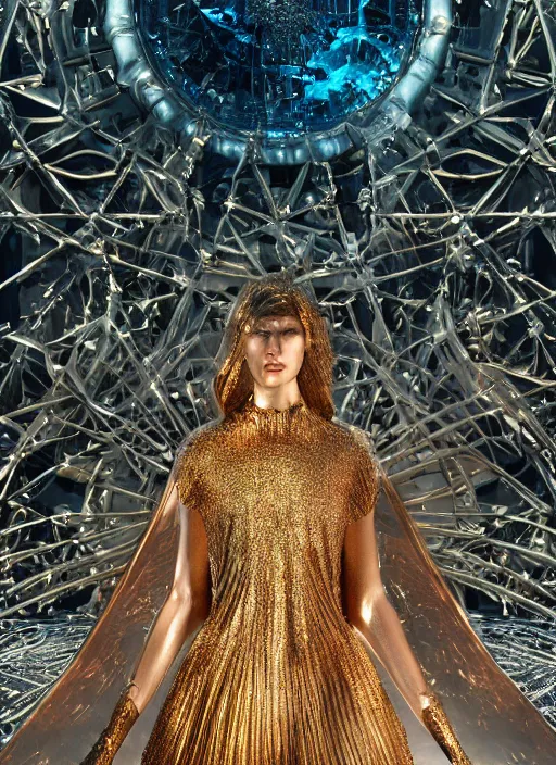 Image similar to beauteous sumptuous, futuristic catwalk fashion show, crystal, gold, copper, bronze, crystalline masterpiece incrustations, by victoria frances, hyperdetailed metalwork, movie still, intricate, octane render, cinematic forest lighting, unreal engine, crepuscular rays, god rays