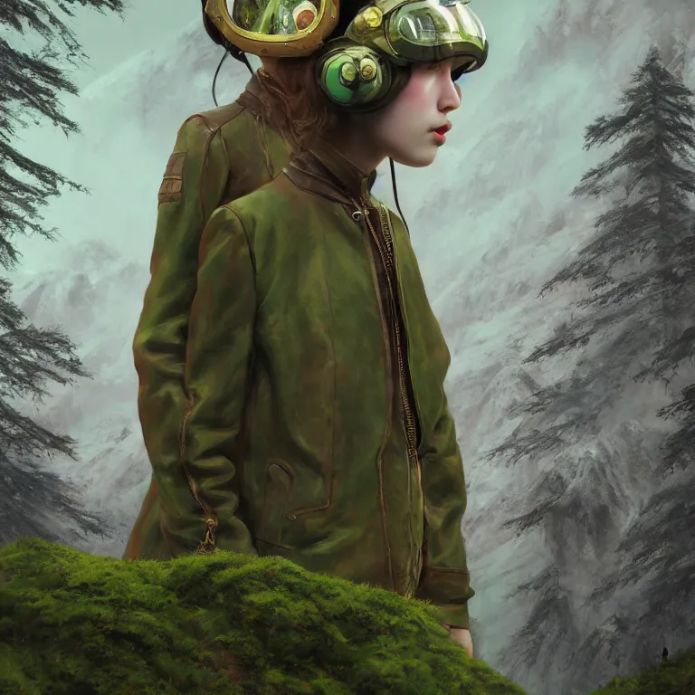 Image similar to highly detailed portrait of alone androgynous girl wearing bakelite leather jacket, bakelite rocky mountains, moss green japanese haunted forest background, by hsiao - ron cheng and artgerm, modular synthesizer helmet backpack, the grand budapest hotel, glow, no crop, digital art, artstation, pop art