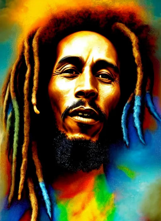 Image similar to portrait of bob marley with flowing dreadlocks, surrounded by spirit of jah rastafari. afrogoth intricate digital matte painting concept art, warpaint aesthetic, colorful, psychedelic, beautifully backlit, subtle tones, sharp focus, cinematic aesthetic octane render, volumetric lighting, by edmund leighton, james jean, ross tran and artgerm