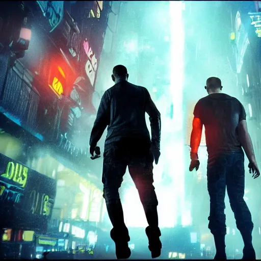 Prompt: a still of from the movie blade runner crossover with the game brothers a tale of two sons