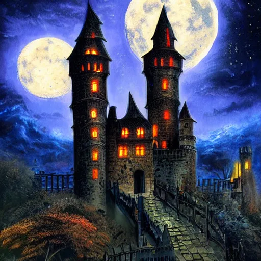 Image similar to elaborate fantasy painting of haunted castle at night, full moon, fantasy book cover