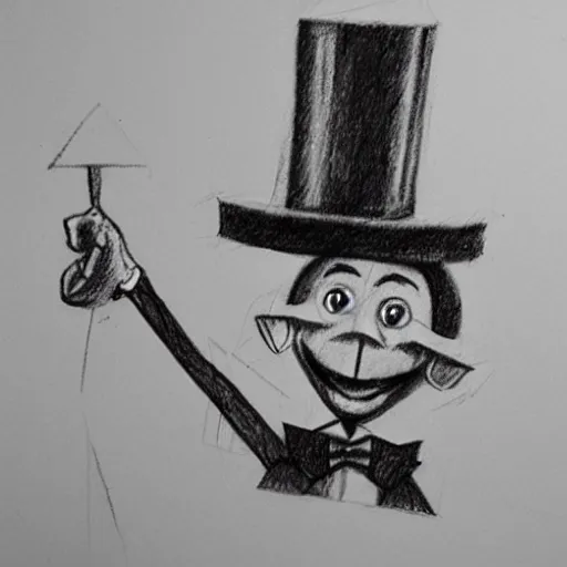 Prompt: a 2 d pencil sketch of a smiling marionette puppet wearing a top hat, highly detailed