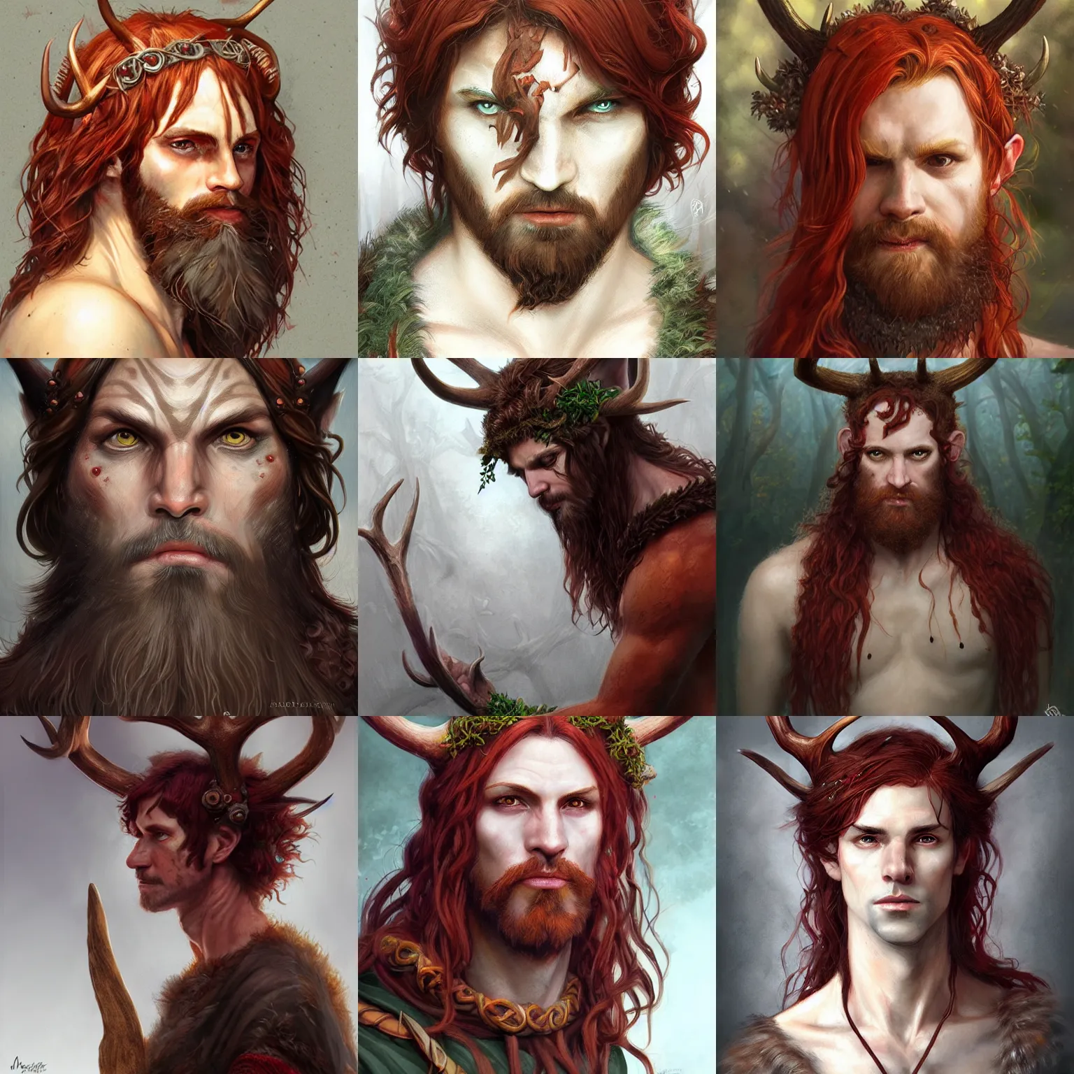 Prompt: celtic druid, satyr, reddish hair, antlers, D&D, fantasy, portrait, highly detailed, headshot, digital painting, trending on artstation, concept art, sharp focus, illustration, art by artgerm and greg rutkowski and magali villeneuve