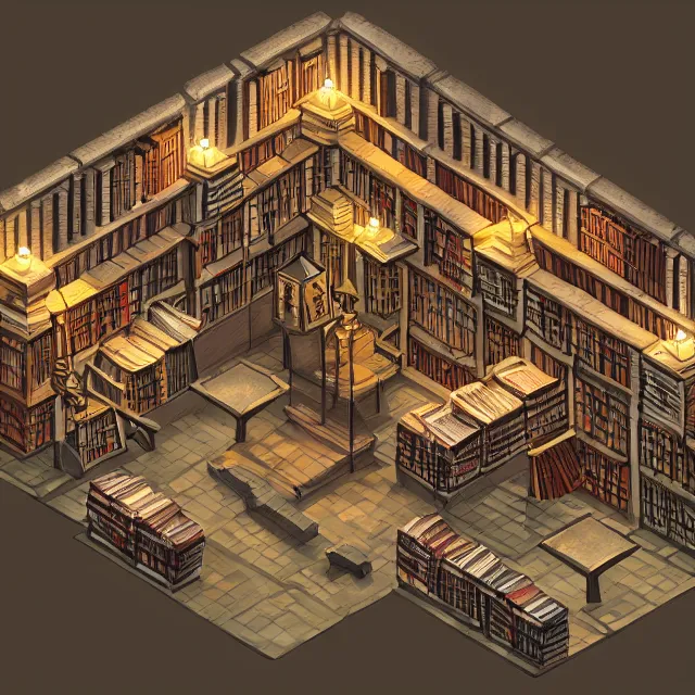 Prompt: an isometric digital painting of a medieval library, volumetric lighting, digital art, isometric, artstation hd